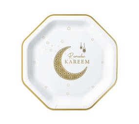 Haza - Witbaard Ramadan Kareem borden achthoek Wit Goud 23 cm | 8 stuks Haza - Witbaard Ramadan Kareem borden achthoek Wit Goud 23 cm | 8 stuks