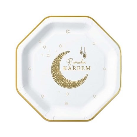 Haza - Witbaard Assiettes Ramadan Kareem octogonales Or blanc 23 cm | 8 pièces Haza - Witbaard Assiettes Ramadan Kareem octogonales Or blanc 23 cm | 8 pièces