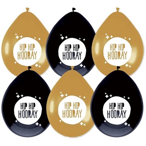 Ballonnen Hip Hip Hooray Goud & Zwart | 6 stuks Ballonnen Hip Hip Hooray Goud & Zwart | 6 stuks