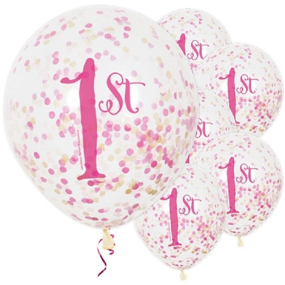 Balloon 1 year with gold-pink confetti 6 pieces