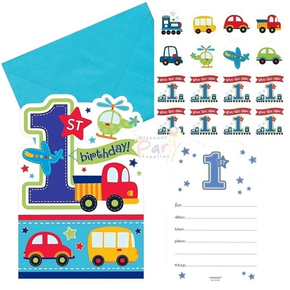 Invitation 1st Birthday Boy Vehicles 8 pieces Invitation 1st Birthday Boy Vehicles 8 pieces