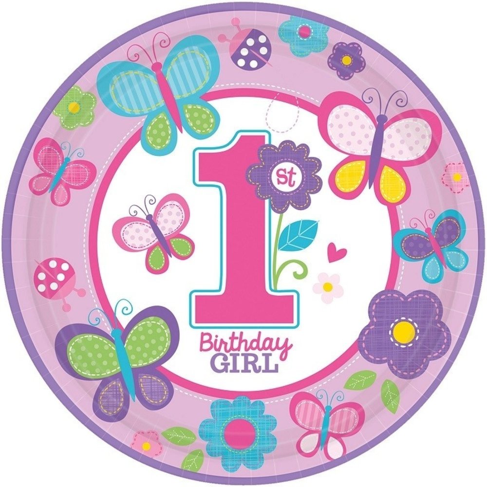 Bord 1st birthday girl met  vlinders 23cm | 8 stuks
