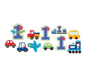 Wanddecoratie 1e verjaardag met voertuigen 12delig Wanddecoratie 1e verjaardag met voertuigen 12delig