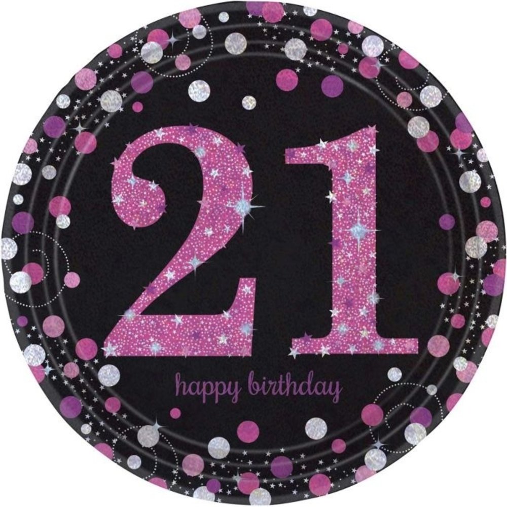 Amscan Borden 21 jaar Happy Birthday Sparkling Roze 23cm | 8 stuks Amscan Borden 21 jaar Happy Birthday Sparkling Roze 23cm | 8 stuks