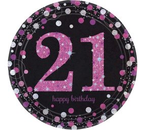 Amscan Borden 21 jaar Happy Birthday Sparkling Roze 23cm | 8 stuks Amscan Borden 21 jaar Happy Birthday Sparkling Roze 23cm | 8 stuks