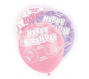 Ballon Happy Birthday Glitz roze paars wit | 6 stuks