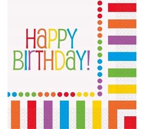 Serviette arc-en-ciel stip-stripe joyeux anniversaire | 16 pièces