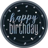 Unique Party Borden Glitz Zwart Zilver Happy Birthday 23cm | 8 stuks