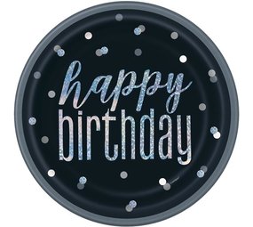 Unique Party Borden Glitz Zwart Zilver Happy Birthday 23cm | 8 stuks