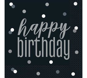 Unique Party Serviettes Black Silver Glitz Joyeux anniversaire 33x33cm | 16 pièces Unique Party Serviettes Black Silver Glitz Joyeux anniversaire 33x33cm | 16 pièces