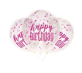Unique Party Confetti Balloons Happy Birthday Pink Glitz 30cm | 6 pieces Unique Party Confetti Balloons Happy Birthday Pink Glitz 30cm | 6 pieces