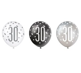 Ballonnen 30 jaar Glitz Zwart Zilver | 6 stuks