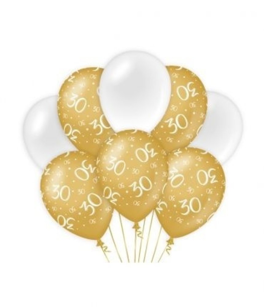 Ballons 30 Jahre Classy Weiß/Gold pro 8 Ballons 30 Jahre Classy Weiß/Gold pro 8