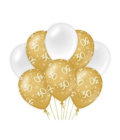 Ballonnen 30 jaar Classy Wit/Goud | per 8 stuks