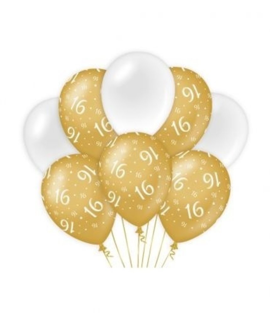 Ballonnen 16 jaar Wit/Goud | per 8 stuks Ballonnen 16 jaar Wit/Goud | per 8 stuks