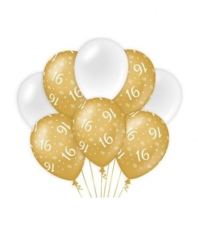 Ballonnen 16 jaar Wit/Goud | per 8 stuks Ballonnen 16 jaar Wit/Goud | per 8 stuks