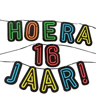 Letterslinger Hoera 16 jaar Neon | 5mtr Letterslinger Hoera 16 jaar Neon | 5mtr