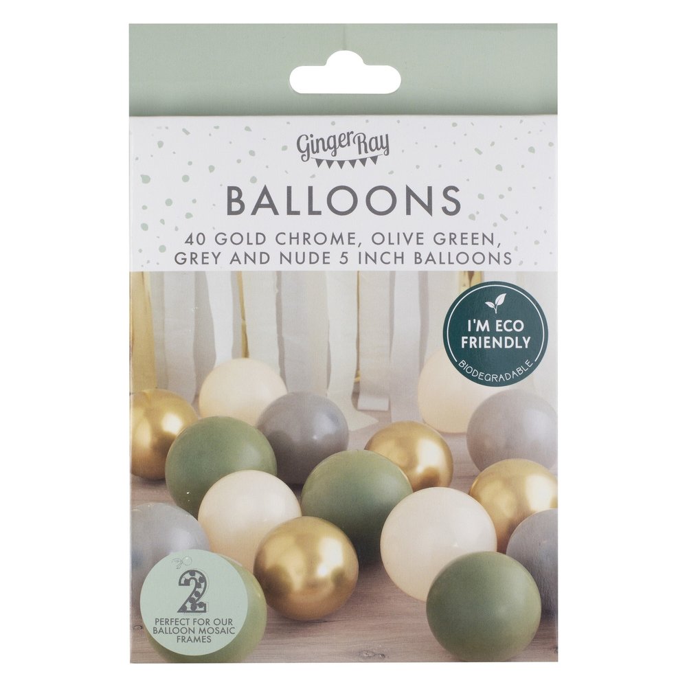 Ginger Ray 40 ballons vert sauge, gris, or et blanc | par ensemble