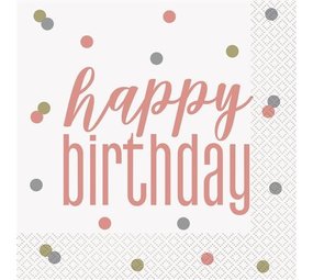 Serviettes Rose Gold Glitz Joyeux anniversaire 33x33cm | 16 pièces