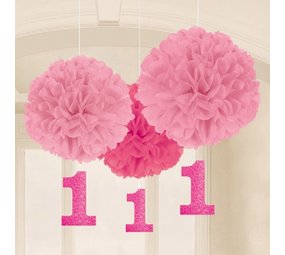 Amscan Pompon 1 Jahr rosa | 3 Stück Amscan Pompon 1 Jahr rosa | 3 Stück