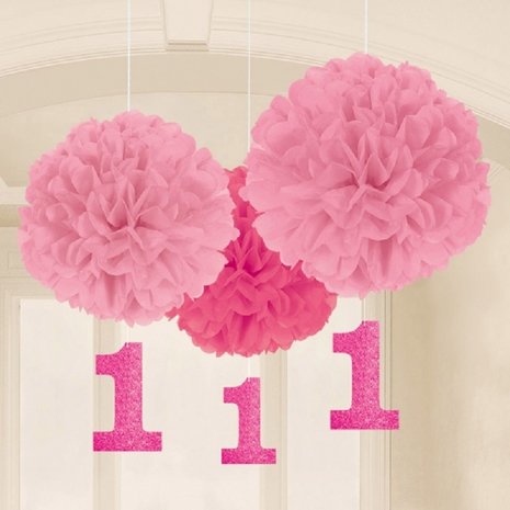 Amscan Pompom 1 year pink | 3 pieces Amscan Pompom 1 year pink | 3 pieces