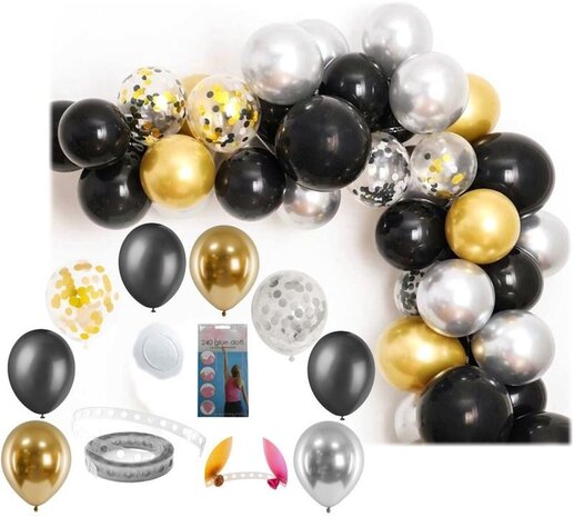 Tuf-Tuf Guirlande de ballons DIY Noir-Or-Argenté | 55-pièces