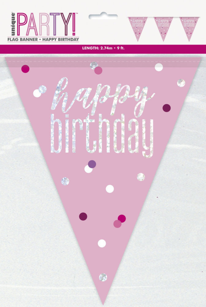 Unique Party Happy Birthday flag line Pink Glitz 274cm | per Unit