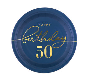 Tuf-Tuf Happy Birthday  Borden 50 Jaar Marineblauw/Goud 18cm | 6  stuks Tuf-Tuf Happy Birthday  Borden 50 Jaar Marineblauw/Goud 18cm | 6  stuks