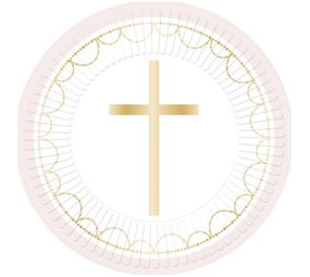 Amscan Kommunionteller Kreuz Hellrosa 23cm | 8 Stück Amscan Kommunionteller Kreuz Hellrosa 23cm | 8 Stück