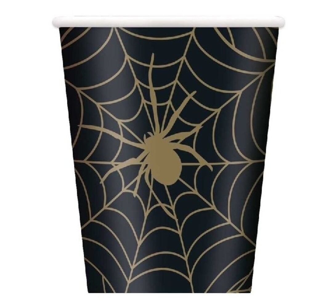 Unique Party Cup spider web black-gold 270 ml | 8 pieces