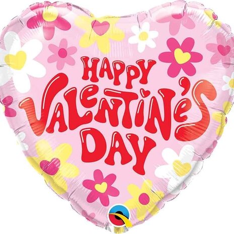 Qualatex Folie ballon Hart Groovy Daisies Happy Valentine's Day (45cm) gevuld met helium Qualatex Folie ballon Hart Groovy Daisies Happy Valentine's Day (45cm) gevuld met helium