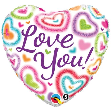 Qualatex Folie ballon Love you fuzzy hearts  (45cm) gevuld met helium Qualatex Folie ballon Love you fuzzy hearts  (45cm) gevuld met helium
