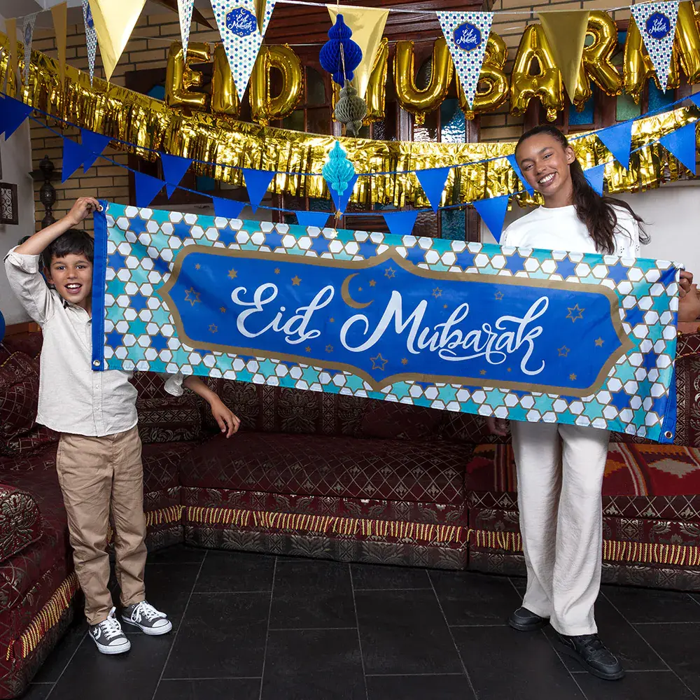 Boland Eid Mubarak Banner Blau-Gold 50x180cm | je Boland Eid Mubarak Banner Blau-Gold 50x180cm | je