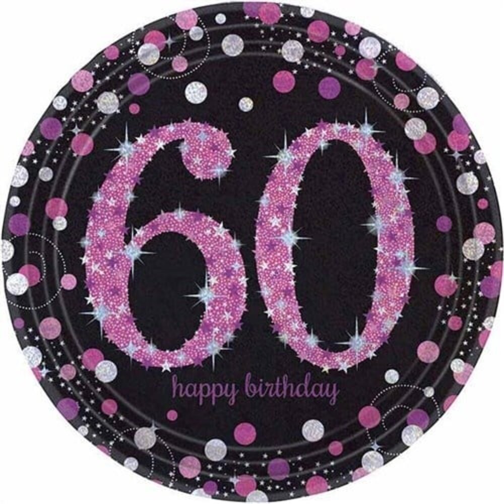 Amscan Assiettes 60 ans Joyeux Anniversaire Rose Pétillant 23cm | 8 pièces Amscan Assiettes 60 ans Joyeux Anniversaire Rose Pétillant 23cm | 8 pièces