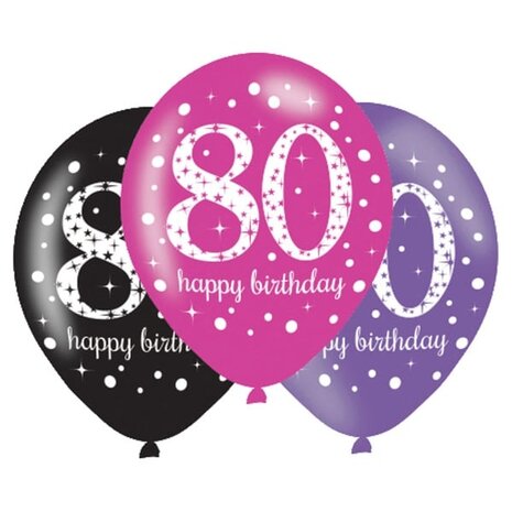 Amscan Ballonnen 80 jaar Birthday Sparkling Pink 27,5cm | 6 stuks