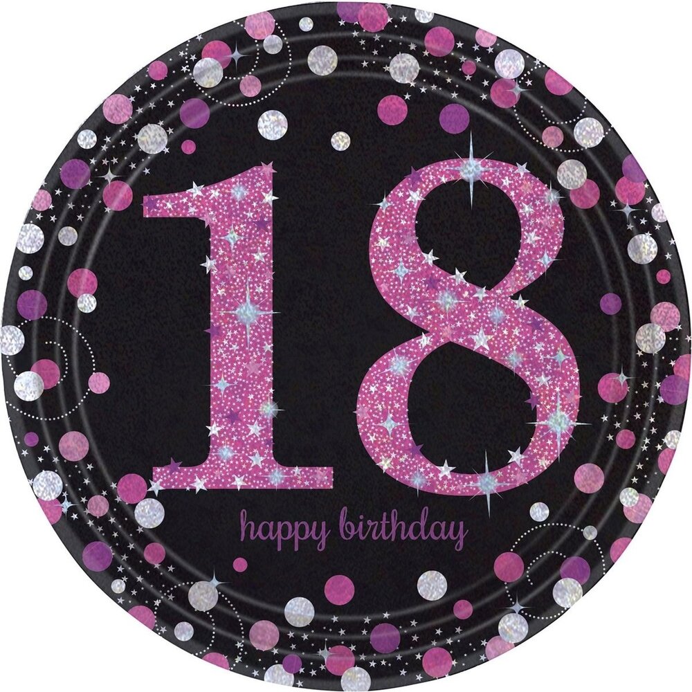 Amscan Borden 18 jaar Happy Birthday Sparkling Roze 23cm | 8 stuks Amscan Borden 18 jaar Happy Birthday Sparkling Roze 23cm | 8 stuks
