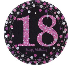 Amscan Borden 18 jaar Happy Birthday Sparkling Roze 23cm | 8 stuks Amscan Borden 18 jaar Happy Birthday Sparkling Roze 23cm | 8 stuks