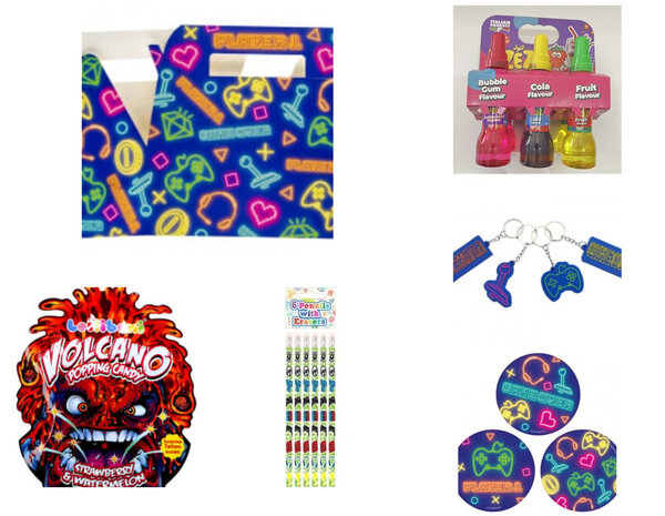 Tuf-Tuf Fertige Neon Gamer  Geschenkboxen 22,5x12x9,5cm | für 6 Kinder Tuf-Tuf Fertige Neon Gamer  Geschenkboxen 22,5x12x9,5cm | für 6 Kinder