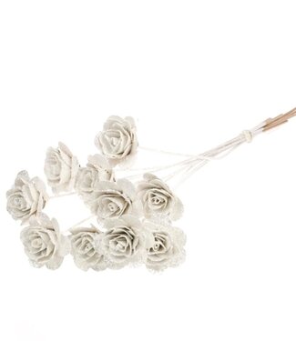 Rose en bois séché 5cm 40cm câblé 10 pièces blanc argenté glitt.