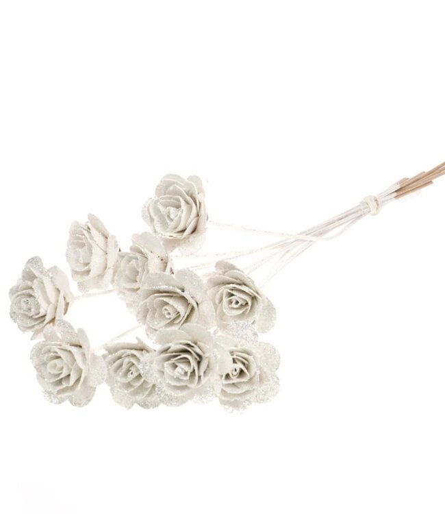 houten roos 5cm bedraad wit zilver glitter droogbloemen | Lengte ± 40 cm | Per bos van 10 stuks verkrijgbaar