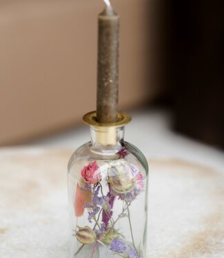 Glazen kaarsenhouder 16cm droogbloemen roze / paars