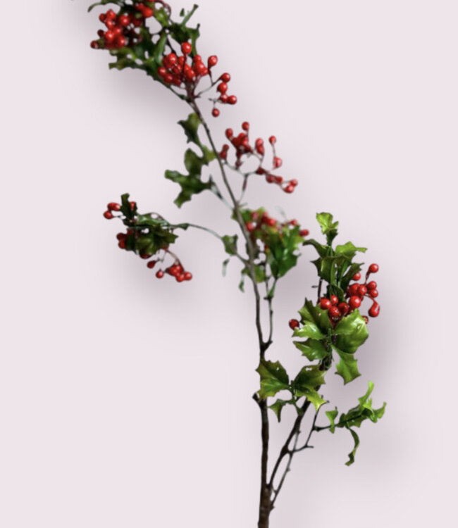 Red holly branch with berry | Silk artificial flower | Length 97 centimeters