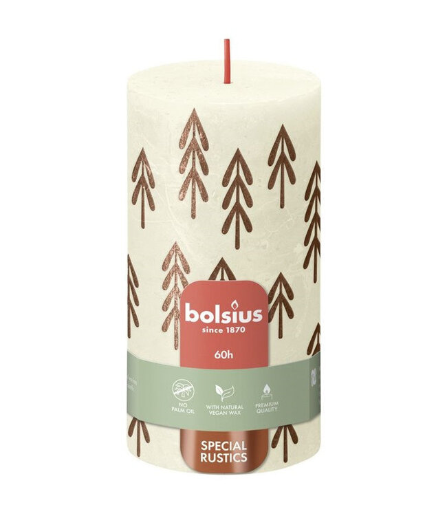 Cream-coloured rustic Bolsius pillar candle with pine | Diameter 7 centimetres | Height 13 centimetres | Order per 4 candles