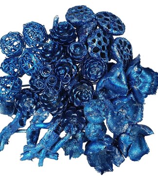 QC Bouquet artistique bleu antique métallisé avec paillettes | 40 feuilles sur bâtonnet | Longueur 50 centimètres | Par pièce