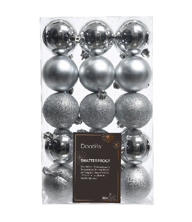 Silver-coloured plastic Christmas baubles | Diameter 60 millimetres | Order per 30 baubles