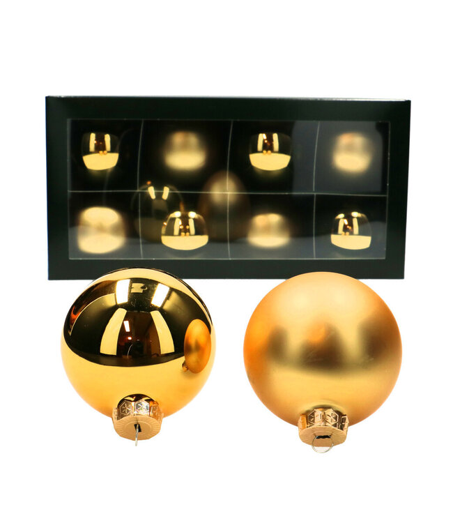 Gold-coloured Christmas baubles matt & shiny | Diameter 80 millimetres | Order per 8 baubles