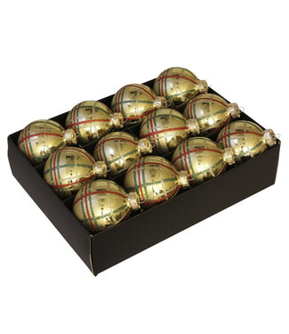 4A Gold coloured baubles | Scottish tartan | 75 millimetres | Per 12 pieces