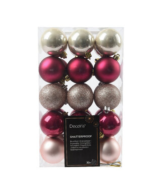 4A Mixed colours pink plastic Christmas baubles | Diameter 60 millimetres | Per 30 pieces