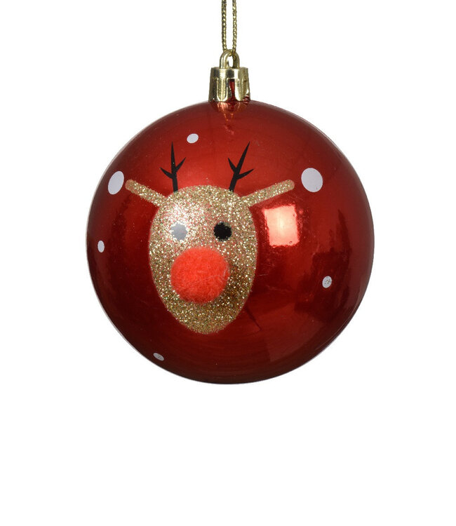 Red plastic Christmas balls with reindeer | Diameter 80 millimetres | Order per 12 Christmas balls