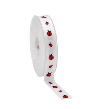 4A White satin ribbon with ladybirds | Width 15 millimetres | Length 25 metres | Per piece